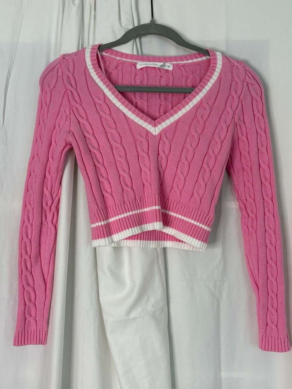 Altar'd State Pink Cable Knit Cropped Varsity Sweater Size XS